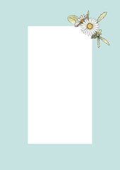 Watercolor and outline hand drawn frame with wild meadow flower chamomile isolated on blue background with white copy space. Good for summer design, background, card, poster, print etc.