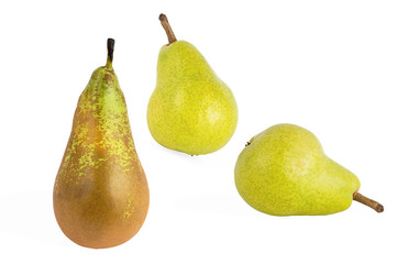 ripe juicy yellow pears of different varieties isolated on white background