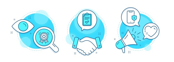 Checklist, Smartphone protection and Loyalty award line icons set. Handshake deal, research and promotion complex icons. Heart sign. Survey, Phone, Bonus medal. Love. Vector