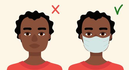 Obraz premium Young African man in medical mask. Concept of protection against viruses, flu, coronavirus. Prevention of an epidemic. Flat vector illustration.