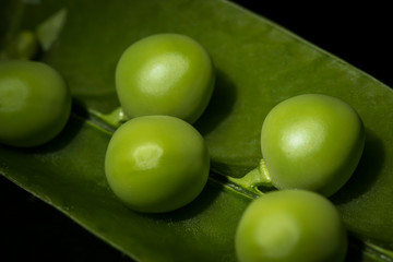 Fotografia macro de una vaina de guisantes, con sus frutos en primer plano