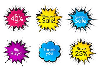Clearance sale, 40% discount and save 25%. Comic speech bubble. Thank you, hi and yeah phrases. Sale shopping text. Chat messages with phrases. Colorful texting comic speech bubble. Vector
