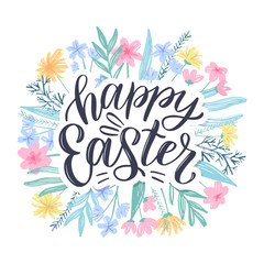 Happy easter greeting card. Easter spring hand drawn flowers background. Decorative floral easter frame with hand sketched lettering. Vector illustration EPS 10