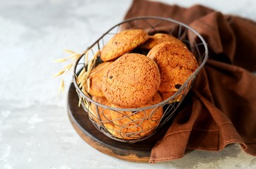 Homemade oatmeal cookies on a gray background