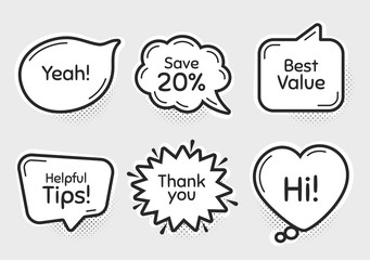 Comic chat bubbles. Best value, 20% discount and helpful tips. Thank you, hi and yeah phrases. Sale shopping text. Chat messages with phrases. Drawing texting thought speech bubbles. Vector