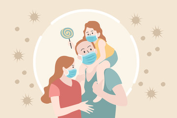 Family wearing protective Medical mask for prevent virus. Vector Illustration