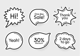 Comic chat bubbles. One day sale, 30% discount and 2 days to go. Thank you, hi and yeah phrases. Sale shopping text. Chat messages with phrases. Drawing texting thought speech bubbles. Vector