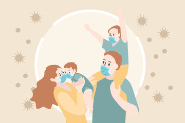 Family wearing protective Medical mask for prevent virus. Vector Illustration