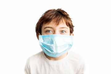 Child in blue medical mask on face. Prevention on first place. Coronavirus protection. Girl with face in mask. Children and illness. Medical care. Illness covid-2019 prevention.