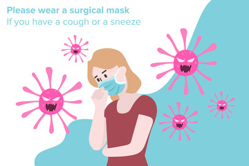 Guidance for sick people with the flu Concept with woman who coughing wearing hygiene mask for preventing the spread of flu. Vector Illustration