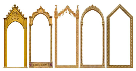 Set of golden gothic frames for paintings, mirrors or photo isolated on white background