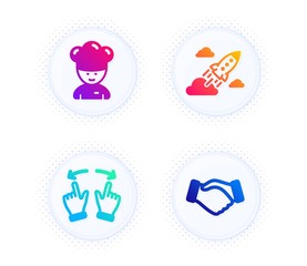 Cooking chef, Move gesture and Startup rocket icons simple set. Button with halftone dots. Handshake sign. Sous-chef, Swipe, Business innovation. Deal hand. Business set. Vector