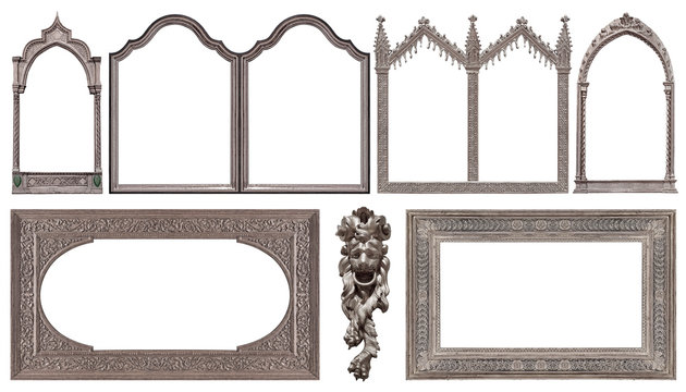 Set of silver gothic frames for paintings, mirrors or photo isolated on white background