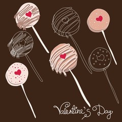 Valentine's day cute and yummy collection chocolate covered oreo pops set vector illustration on brown background. Love pastry sweets vector bakery products desserts. Flat style