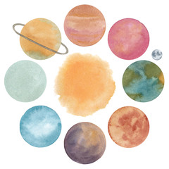 Watercolor hand drawn composition with abstract planets of solar system (Mars, Earth, Moon, Venus, Mercury, Saturn, Jupiter, Pluto, Uranus, Neptune) and sun isolated on white background.