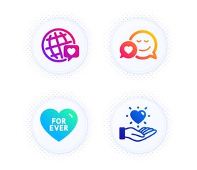 Dating, World brand and For ever icons simple set. Button with halftone dots. Hold heart sign. Love messenger, Love. Love set. Gradient flat dating icon. Vector