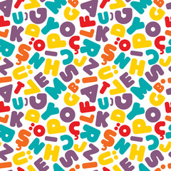 Colorful kids Turkish alphabet letters seamless pattern on white background.Stock vector illustration for print on textile, decorative paper, wallpaper, gift wrap, book cover