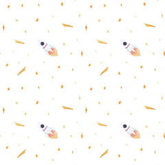 Watercolor hand drawn seamless pattern with outer space objects (space ships, rocket, stars, comets etc) in pink and yellow colors isolated on white background, good for wallpaper, textile, print.