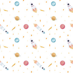 Watercolor hand drawn seamless pattern with colorful outer space objects (space ships, rocket, planets, stars, comets etc) isolated on white background, good for wallpaper, textile, print.