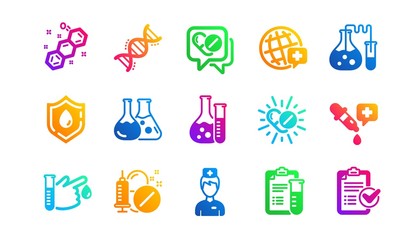 Drug testing, scientific discovery and disease prevention icons. Medical healthcare, doctor icons. Chemical formula, chemistry testing lab. Classic set. Gradient patterns. Quality signs set. Vector