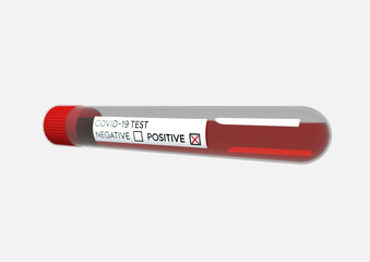 Coronavirus COVID-19 test probe blood positive result. 3d Illustration of positive virus test. Pandemic worldwide alert