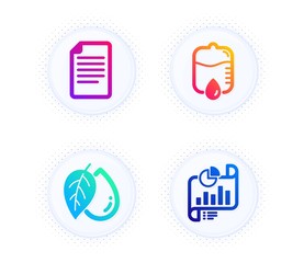 File, Drop counter and Mineral oil icons simple set. Button with halftone dots. Report document sign. Paper page, Medical equipment, Organic tested. Growth chart. Science set. Vector