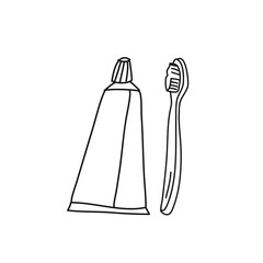 Minimalist vector illustration of toothpaste and toothbrush. Toothpaste tube. Black and white line drawing.