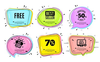 Free symbol. Big buys, online shopping. Special offer sign. Sale. Quotation bubble. Banner badge, texting quote boxes. Free text. Coupon offer. Vector