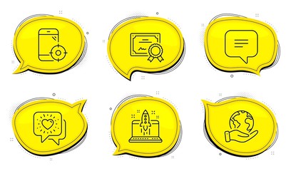 Friends chat sign. Diploma certificate, save planet chat bubbles. Start business, Text message and Seo phone line icons set. Launch idea, Chat bubble, Smartphone optimization. Friendship. Vector