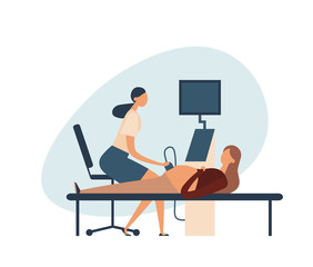 Pregnant woman during ultrasonic examination. Flat vector illustration