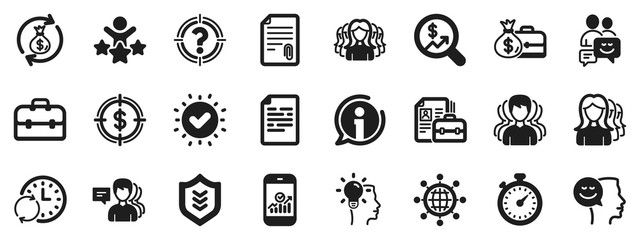 Fototapeta premium Group, Profile and Teamwork icons. Business user icons. Portfolio, Timer and Security shield symbols. Business analytic, human management, user group. Person profile, teamwork support. Vector