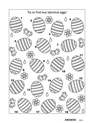 Easter themed black and white picture puzzle with painted eggs: Try to find two identical eggs! Answer included.