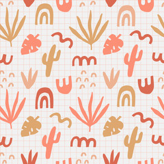 Plants and abstract elements on grid background. Cute seamless pattern. Vector