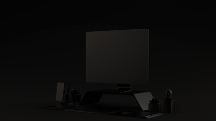 Black Contemporary Desk Setup Black Background 3d illustration 3d render	