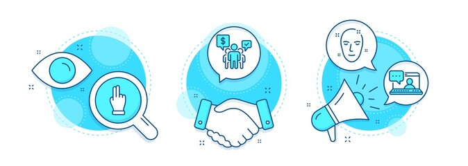 Health skin, Friends chat and Teamwork line icons set. Handshake deal, research and promotion complex icons. Click hand sign. Clean face, Message, Employees chat. Direction finger. People set. Vector