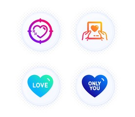 Heart target, Love and Love mail icons simple set. Button with halftone dots. Only you sign. Sweetheart, Valentine letter. Love set. Gradient flat heart target icon. Vector