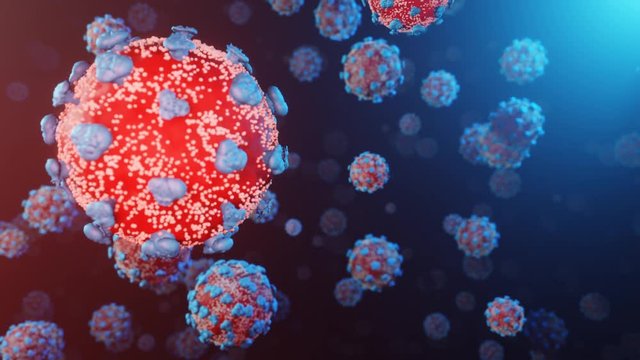 Viruses, Virus Cells under microscope, floating in fluid with dark blue background. Pathogens outbreak bacterium and virus, disease causing microorganisms. COVID-19. Coronavirus. 3D looped animation