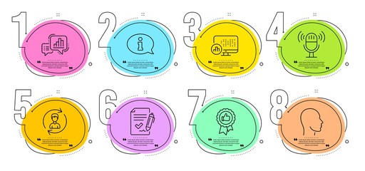 Human resources, Report statistics and Positive feedback signs. Timeline steps infographic. Head, Microphone and Approved agreement line icons set. Graph chart, Information symbols. Vector