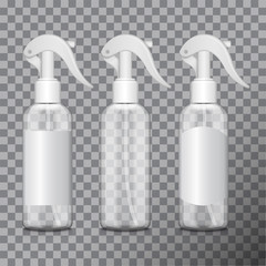 Transparent bottle with atomizer. Mock up bottle medical vial, flask, flacon with different labels