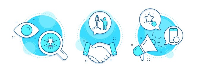 Launch project, Ranking star and Trophy line icons set. Handshake deal, research and promotion complex icons. Recovery phone sign. Business innovation, Click rank, Winner cup. Vector