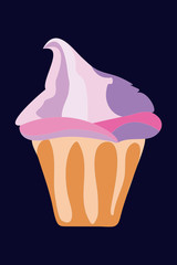Cute doodle strawberry ice cream in a waffle cup in colour isolated on dark blue background. Fresh food stock vector illustration. Simple hand drawn style.