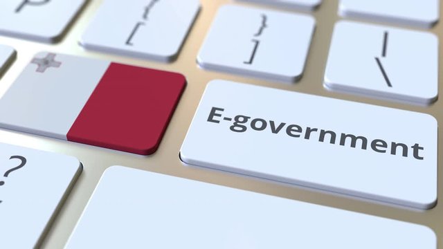E-government or Electronic Government text and flag of Malta on the keyboard. Modern public services related conceptual 3D animation