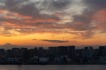 Tokyo skyline at sunset. Odaiba Tokyo.