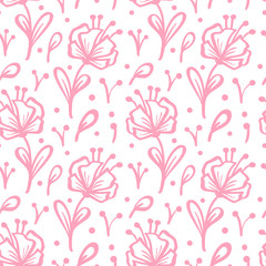 Vector seamless pattern and abstract background with red leaves and flowers for organic and healthy food packaging, natural eco cosmetics and vegan products