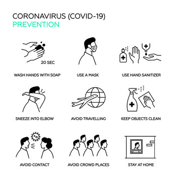 Prevention Coronavirus COVID-19. Simple set of vector line icons. 