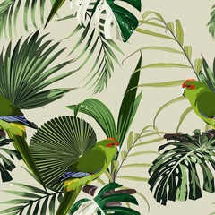 Naklejki  Tropikalny kwiatowy nadruk. Zielona papuga ptak w egzotycznym lesie dżungli, wzór dla mody, wallpaoer i wszystkie nadruki na tle vintage.