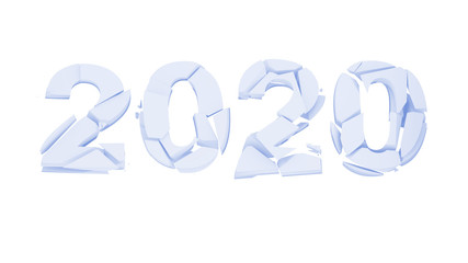 broken 2020 year over white background. The number 2020 is destroyed. 3d illustration