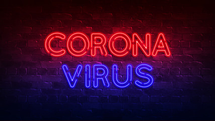 Fototapeta na wymiar Global concept Medicine concept. coronavirus. Medicine disease illness. neon sign. red and blue glow. neon text. Brick wall. 3d render