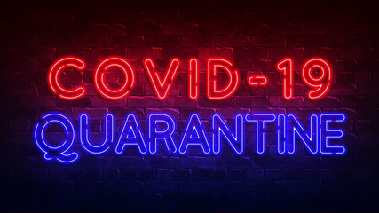 covid-19 quarantine neon sign. red and blue glow. neon text. Brick wall. Conceptual poster with the inscription. 3d illustration