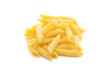 Raw penne egg pasta isolated on a white background